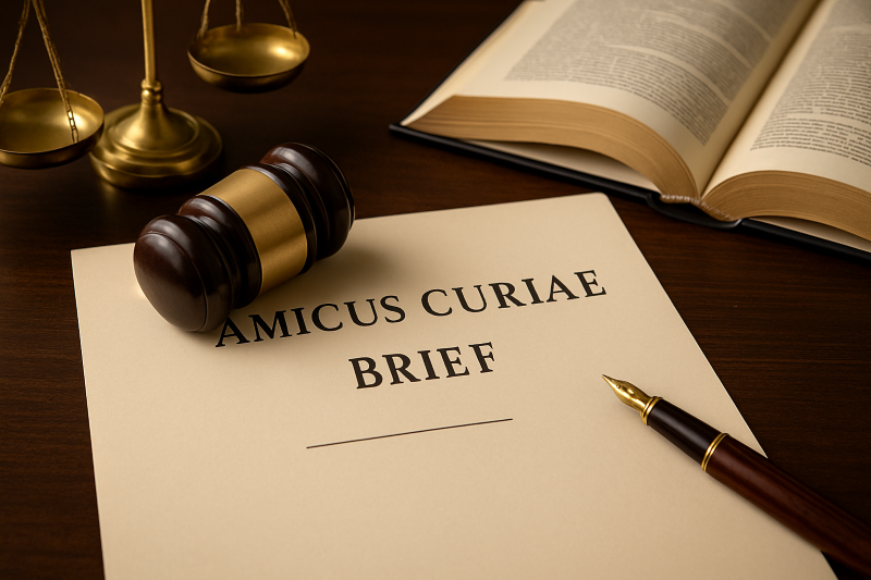 Amicus Curiae Brief with Legal Symbols Legal Desk with Amicus Curiae Brief, Gavel, and Scales of Justice