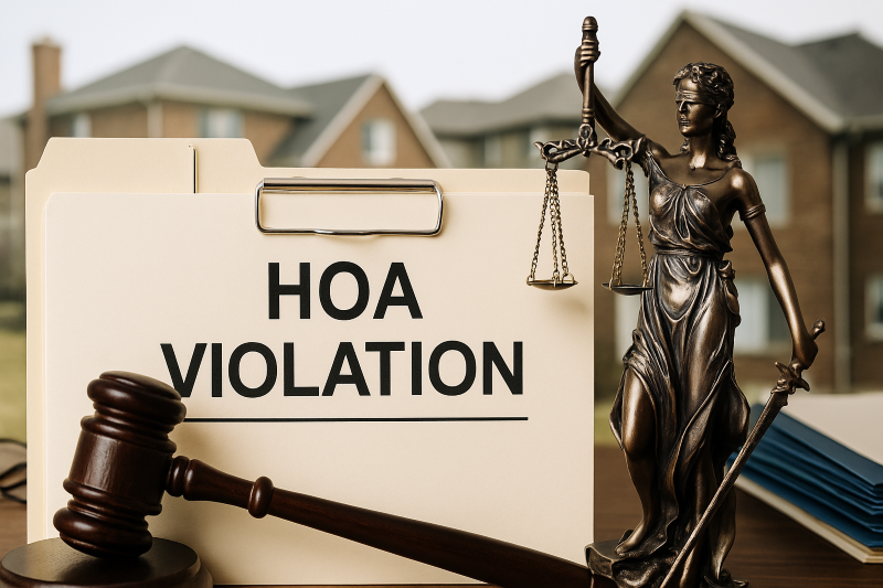 Texas HOA Violation and Legal Dispute Illustration HOA Violation Notice and Legal Symbols with Suburban Homes in Background