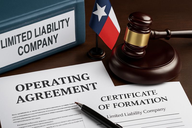 Texas LLC Operating Agreement and Formation Documents Texas LLC Legal Documents on a Desk