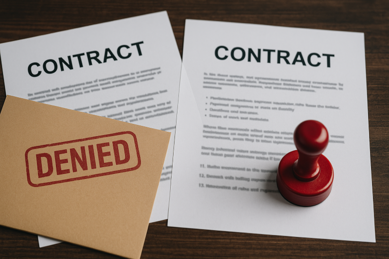 Non-Negotiable Contracts and Legal Review Essentials Stamped Contracts and Denied Folder on Desk