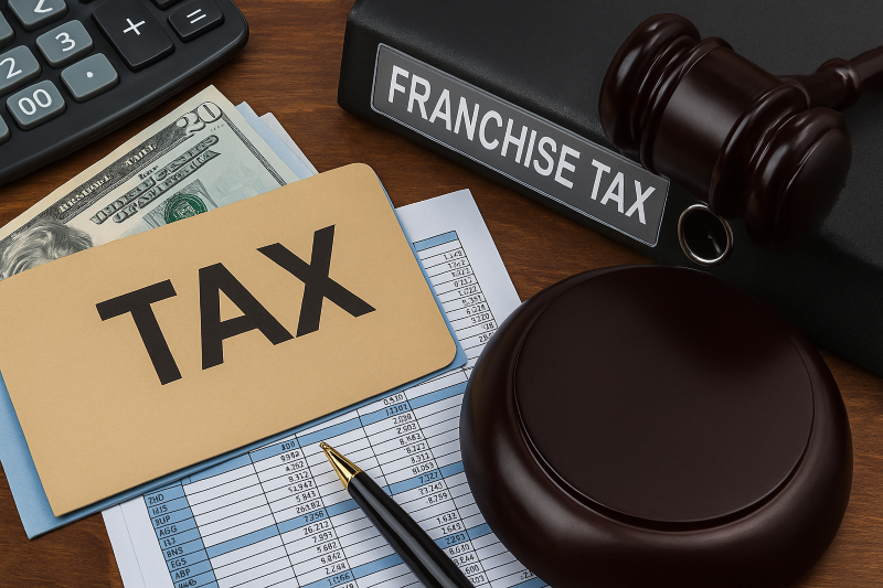 Texas Franchise Tax Items on Wood Surface Texas Franchise Tax Items on Wood Surface