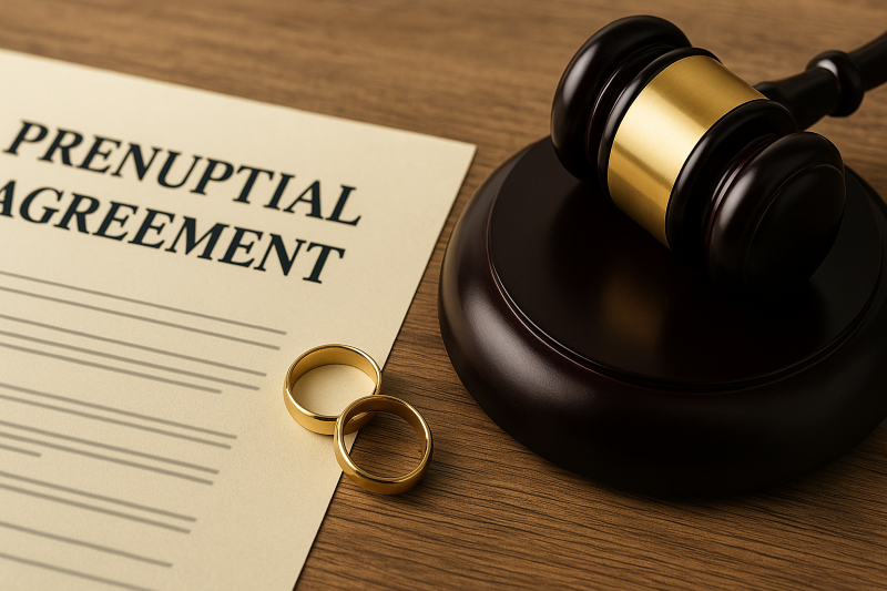 Prenuptial Agreement with Wedding Rings and Gavel on Desk Marriage and Legal Planning as Prenuptial Agreement