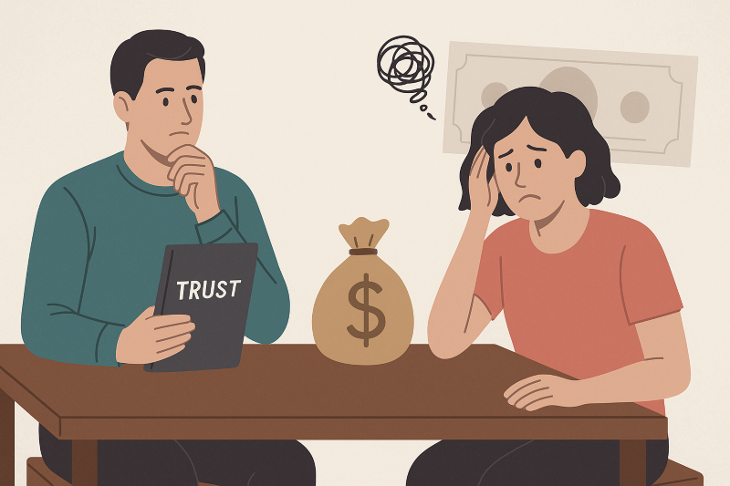 Should You Be a Trustee for Your Sibling? Illustration of Sibling Trust Decision with Money Bag on Table